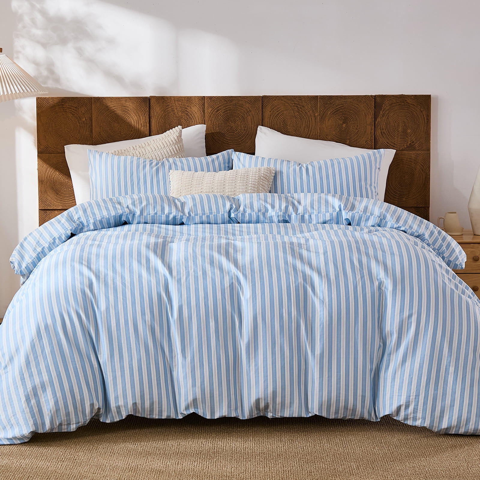 Brown Striped Duvet Cover Set Queen Size, 100% Natural Cotton Linen Like Duvet Cover Set with Zipper Closure & 8 Corner Ties, Brown Khaki Soft Reversible Bedding for All Seasons