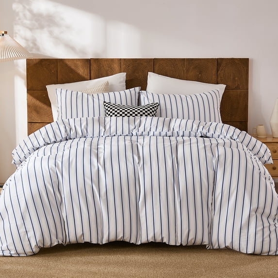 Brown Striped Duvet Cover Set Queen Size, 100% Natural Cotton Linen Like Duvet Cover Set with Zipper Closure & 8 Corner Ties, Brown Khaki Soft Reversible Bedding for All Seasons