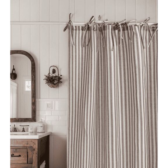 Brown Striped Linen Hookless Shower Curtain, Vintage Farmhouse Style with Bow Knot Ties, Country Fabric Bathroom Curtain for Bathroom Decor, Standard Size (72x72 Inches)