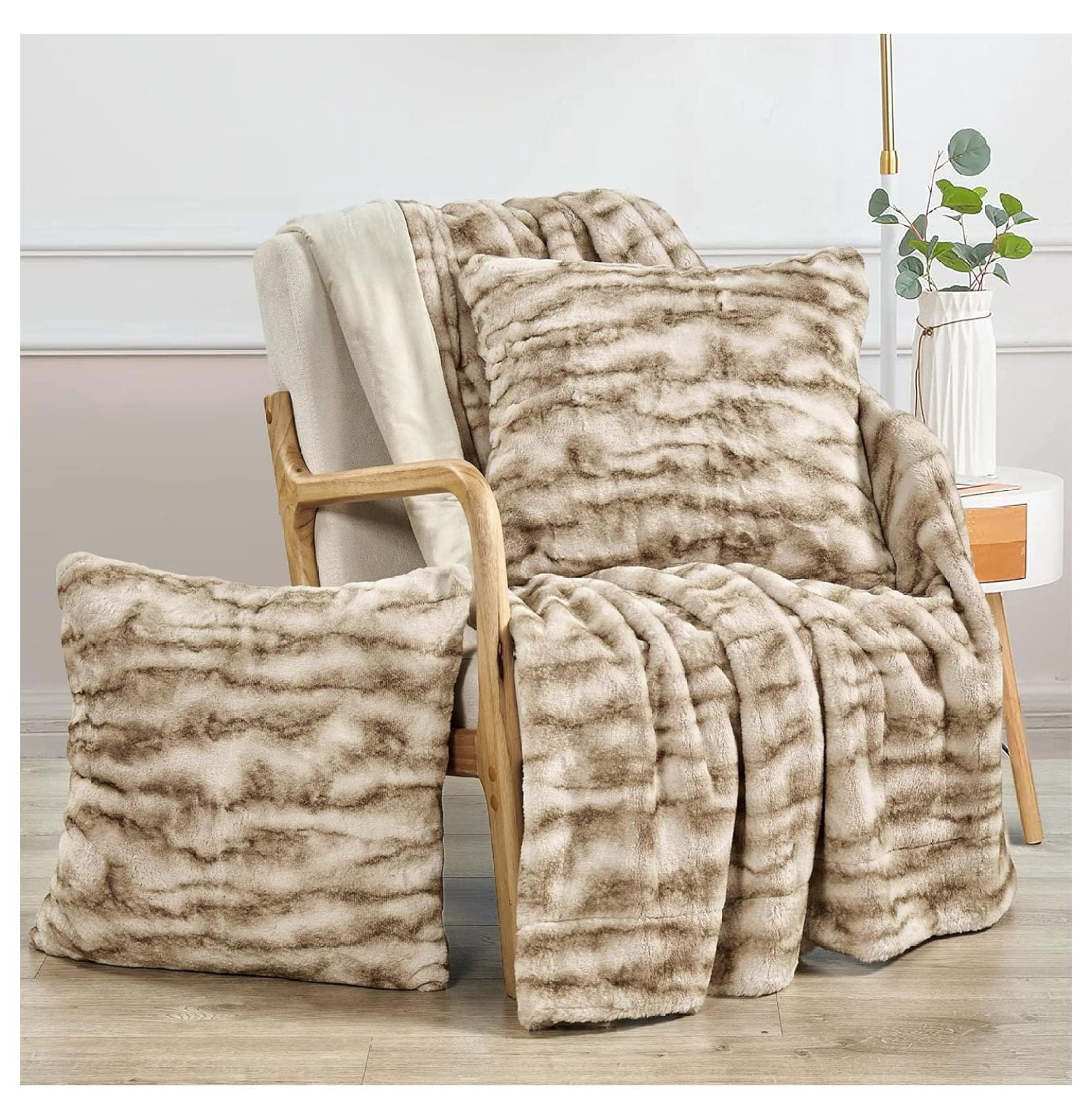 Brown Striped Luxury Faux Fur 50" x 60" Plush Throw Blanket with Two 20