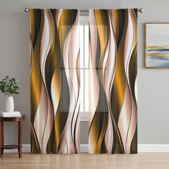 Brown Striped Ombre Sheer Curtains 96 Inch Length 2 Panels Set, Modern Brown Moire Geometric Voile Window Treatment Semi Sheer Long Curtains Drapes for Bedroom/Living Room/Kitchen 52"x96"x2