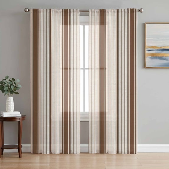 Brown Striped Sheer Curtains 84 Inch Length 2 Panels Set, Modern Minimalist Stripes Farmhouse Voile Window Treatment Rod Pocket Curtains Sheers Drapes for Bedroom/Living Room/Kitchen 52"x84"x2
