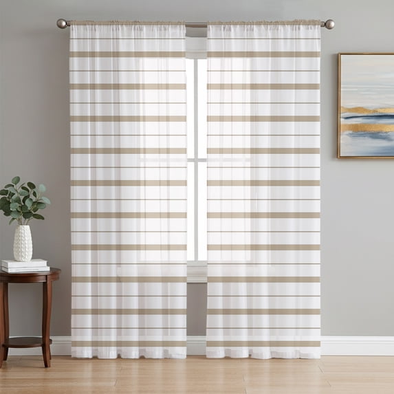 Brown Striped Sheer Curtains 96 Inch Length 2 Panels Set, Modern Farmhouse Horizontal Stripes Voile Window Treatment Semi Sheer Long Curtains Drapes for Bedroom/Living Room/Kitchen 52"x96"x2