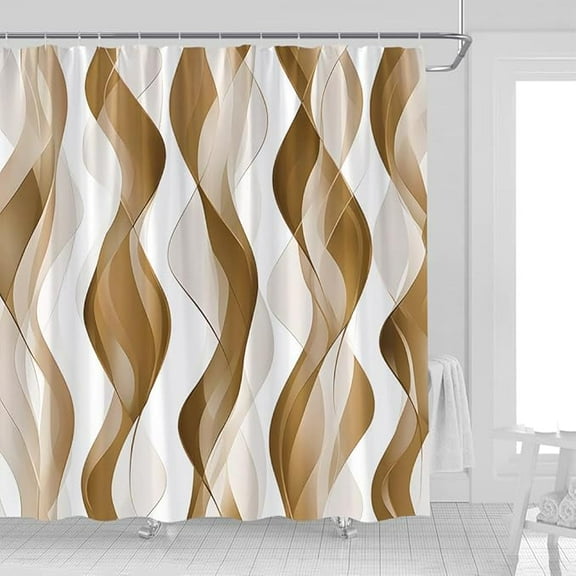 Brown Striped Shower Curtain Abstract Wavy Line Modern Minimalist Geometric Fabric Bathroom Decor Curtains With Hooks 36"W x 72"L