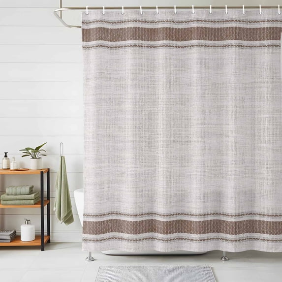 Brown Striped Shower Curtains for Bathroom, Country Abstract Horizontal Stripes Linen Waterproof Fabric Shower Curtain, Decorative Bathroom Curtain for Bathtub, 72"x72", No Hooks Included