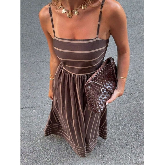 Brown Striped Spaghetti Strap Square Neck A-Line Maxi Dress For Women, Casual Vacation Sundress