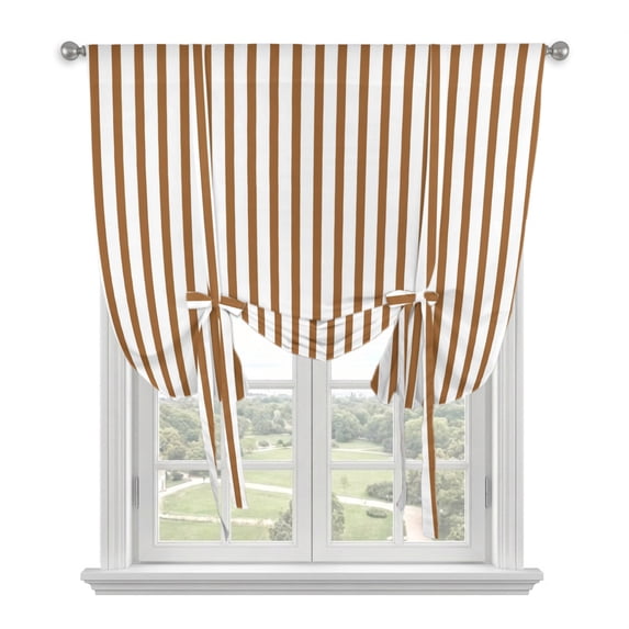 Brown Striped Tie Up Curtains for Kitchen Windows,Adjustable Rod Pocket Valance 45 Inch Short, Modern Brown Farmhouse Vertical Stripes Window Treatment Balloon Roman Blind Shade, 42" x 45"