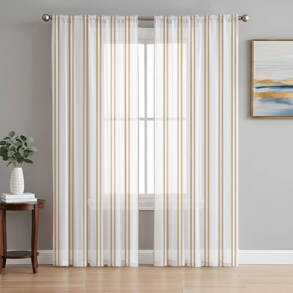 Brown Striped Vintage Sheer Curtains 63 Inch Length 2 Panels Set, Farmhouse Lines Modern Minimalist Voile Window Treatment Rod Pocket Curtains Sheers Drapes for Bedroom/Living Room/Kitchen 52x"63"x2