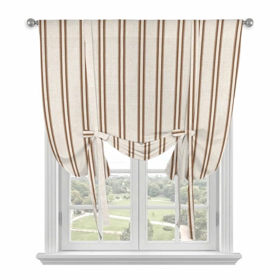 Brown Striped Vintage Tie Up Curtains for Windows, Adjustable Balloon Window Shades, Light Brown Farmhouse Rustic Lines Kitchen Window Treatments Farmhouse Short Curtains with Rod Pocket 42"x45"