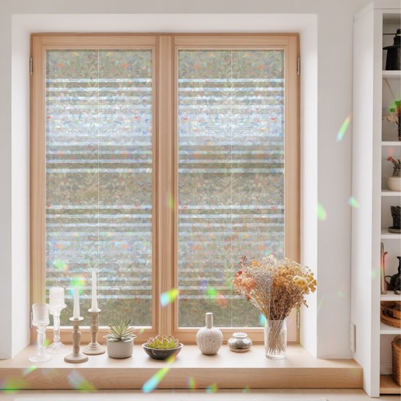 Brown Striped Window Privacy Film Modern Farmhouse Stripe Minimalist Abstract Static Cling Stained Glass Window Film Non-Adhesive Decorative Decals Rainbow Sticker 23.6"X59"