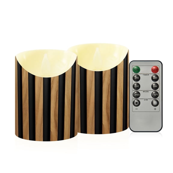 Brown Stripes Flameless Candles 2 PCS with Remote Realistic Moving Flame LED Tapered Pillar Set for Home Decor