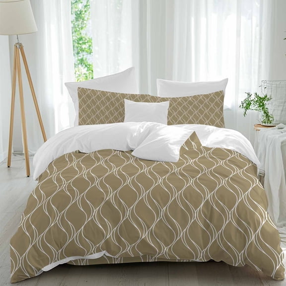 Brown Stripes Lines Queen Size Comforter Set, Abstract Waves Striped Classic Bedding for All Seasons, 4 Pcs Bed Set, 1Quiltcover (90"x92") ,1Sheet(94"x116"), 2Pillowcases (30"x20")