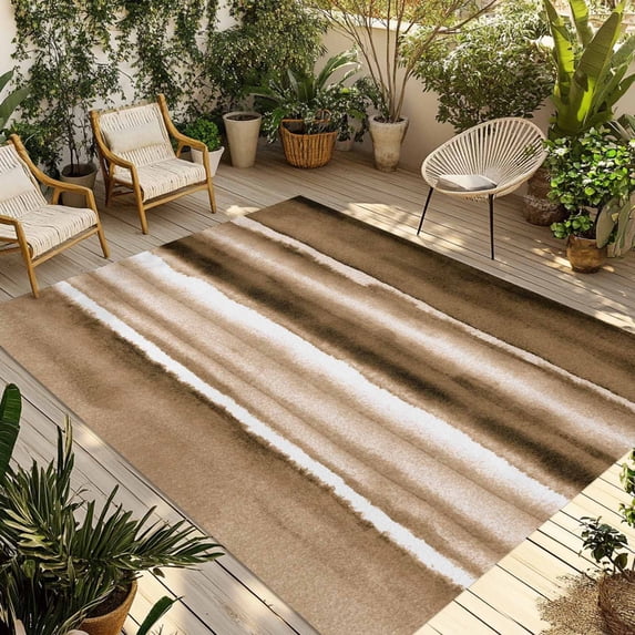 Brown Stripes Outdoor Rug for Patio/Deck/Porch, Non-Slip Large Area Rug 3 x 5 Ft, Country Watercolors Gradient Texture Indoor Outdoor Rugs Washable Area Rugs, Reversible Camping Rug Carpet Runner