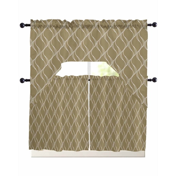 Brown Stripes Swag Kitchen Curtains Sets for Windows 24 Inch Length, Simple Geometric Modern Monochrome Short Window Curtain Panels Swags Valances and Tiers 3 Piece Set for Cafe/Dining Room