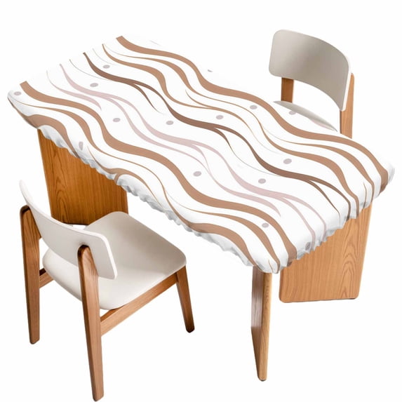Brown Stripes Table Cloths for 5 Foot Rectangle Tables, Minimalism Ombre Waves Abstract Textures Patio Waterproof Elastic Fitted Tablecloths, Washable Rectangular Table Cover for Camping