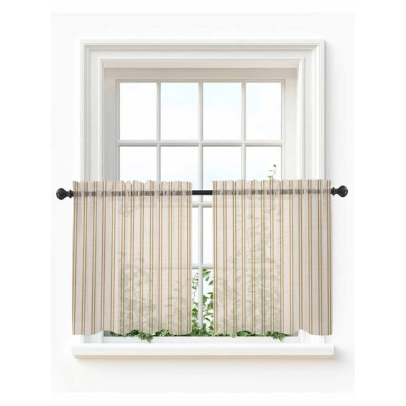 Brown Stripes Tier Curtains 24 Inch Length,Sheer Curtains for Bedroom Living Room Farmhouse Vintage Lines Rustic Geometric Short Kitchen Curtains Drapes for Small Half Window 27.5"x24" 2 Panels