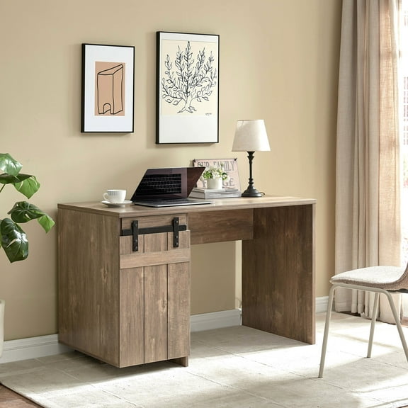 Brown Study Desk For Office At Home, One Cabinet Three Shelves, Faux Barn Door With Metal Euro Hinges, 7.75" Height Home Hazelnut Hue, & On 29" Width Package
