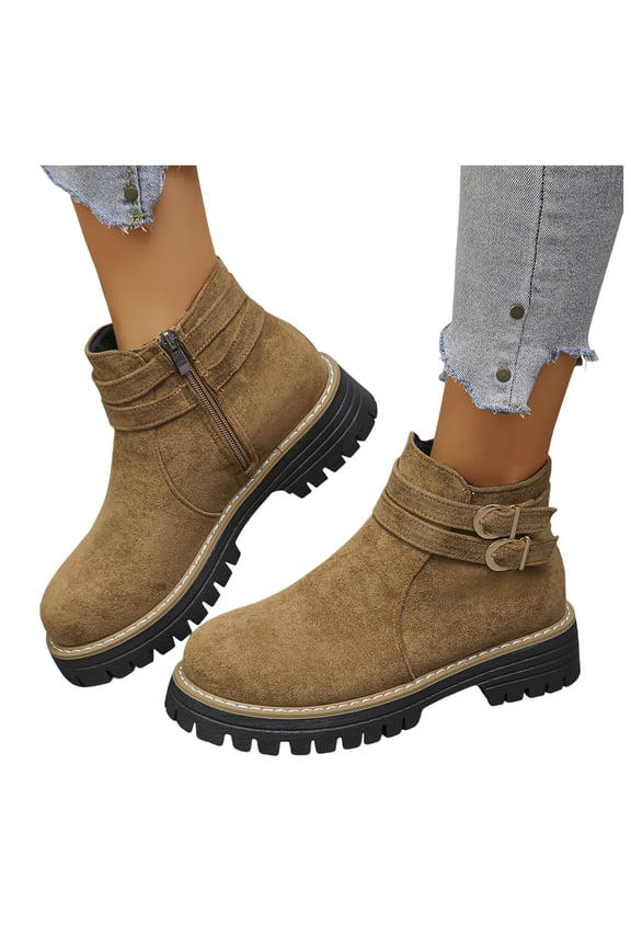 Brown Suede Ankle Boots for Women Comfortable Slip On Short Combat Booties Non Slip Platform Dress Boots
