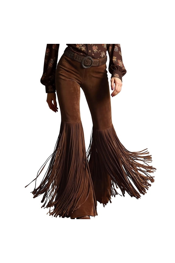 Brown Suede Fringe Flared Pants for Women Vintage Western Tassel Pants Color Brown Size XXS