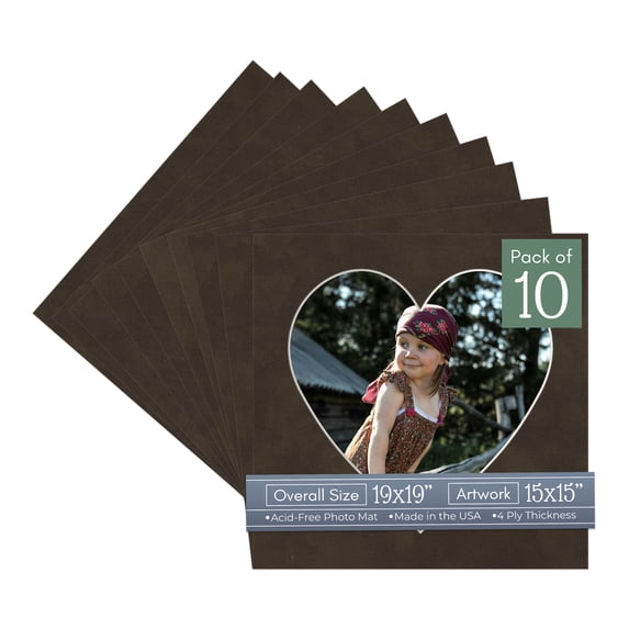 Brown Suede Picture Frame Mat for 19x19 Frames - Heart Opening for 15x15 Photos - 10 Mats