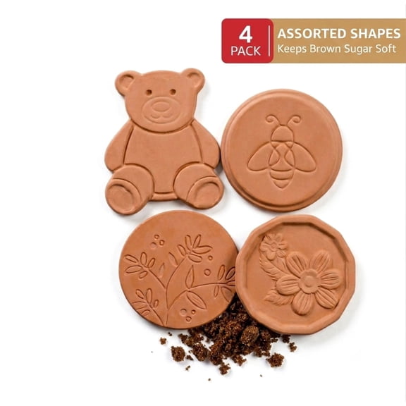Brown Sugar Saver, 4-Pack Terracotta Sugar Softener Disc for Keeping Brown Sugar Soft & Dried Fruit Fresh, Cute Assorted Shapes - Food Safe Clay Keeper for Baking Supplies