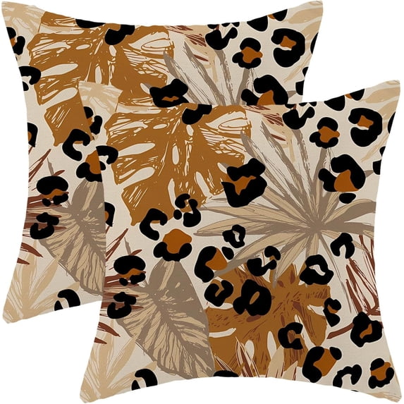 Brown Summer Pillow Covers 20 x 20 Inch, Tropical Palm Leaf Cheetah Spot Outdoor Decor Throw Pillows for Couch, Leopard Polka Abstract Art Decorative Pillowcase Linen Cushion Cover Set of 2
