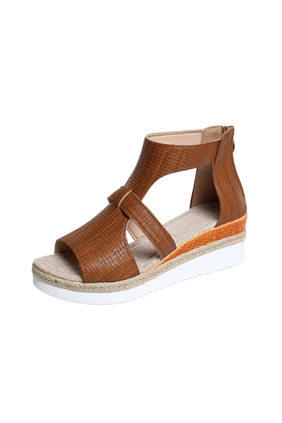 Brown Summer Women Back Zip Open Toe Sandals High Top Wedge Heel Plus Size Casual Versatile Fashionable