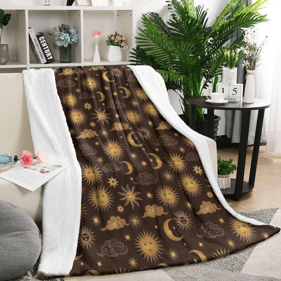 Brown Sun Moon Cloud Pattern Blanket,Comfortable Soft Lamb Wool Throw Blanket,All Season,Warm Lightweight Blankets for Sofa Bed Couch Living Room Chair,50"x60"