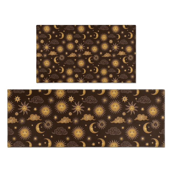 Brown Sun Moon Cloud Pattern Kitchen Rugs Sets Of 2,Anti Fatigue Kitchen Mat Rugs Non Slip Washable,Decorative Kitchen Floor Mats for Kitchen,Sink,Laundry,17"x30"+17"x47"