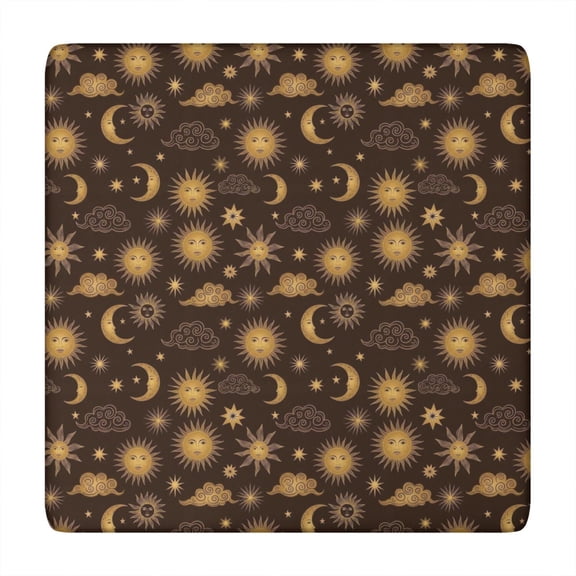 Brown Sun Moon Cloud Pattern Square Fitted Tablecloth with Elastic Edge,Square Table Cover,Washable Elastic Table Cover for Home Kitchen Party Decor 34"x34"