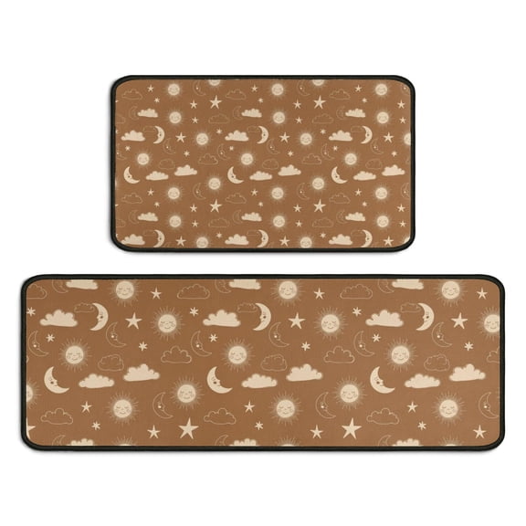Brown Sun Moon Cloud Star Pattern Kitchen Rugs Sets Of 2,Anti Fatigue Kitchen Mat Rugs Non Slip Washable,Decorative Kitchen Floor Mats for Kitchen,Sink,Laundry,17"X30"+17"X47"