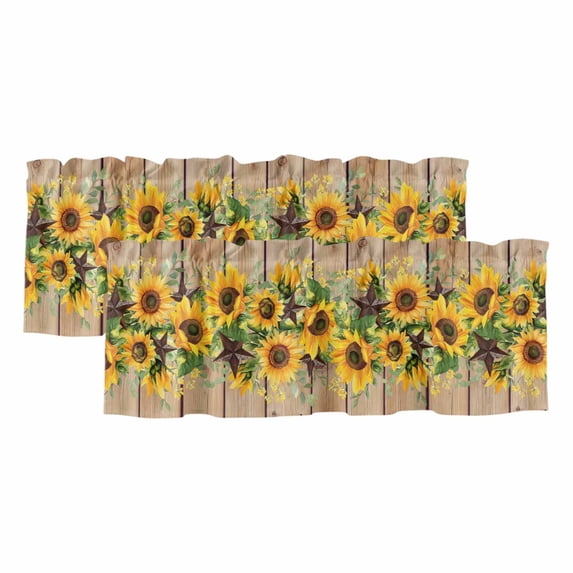 Brown Sunflower Curtain Valances for Windows, Kitchen Valance Window Treatments Panel 2 Pack, Rustic Country Star Spring Summer Wooden Rod Pocket Short Curtains for Bathroom Bedroom 42 x 12 Inch