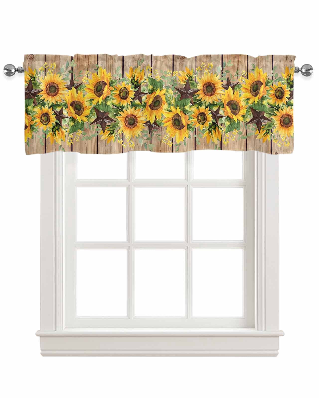 Brown Sunflower Kitchen Valances for Windows Farmhouse Linen Window Valance Curtain for Living Room Window Treatment Rustic Country Star Spring Summer Wooden Valance Rod Pocket Topper, 42 x 18 Inch