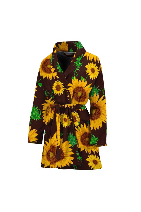 Brown Sunflower Pattern Women Bathrobe One Size Univeral Fits Fashion Lightweight Plush Fleece Long Robe For Women