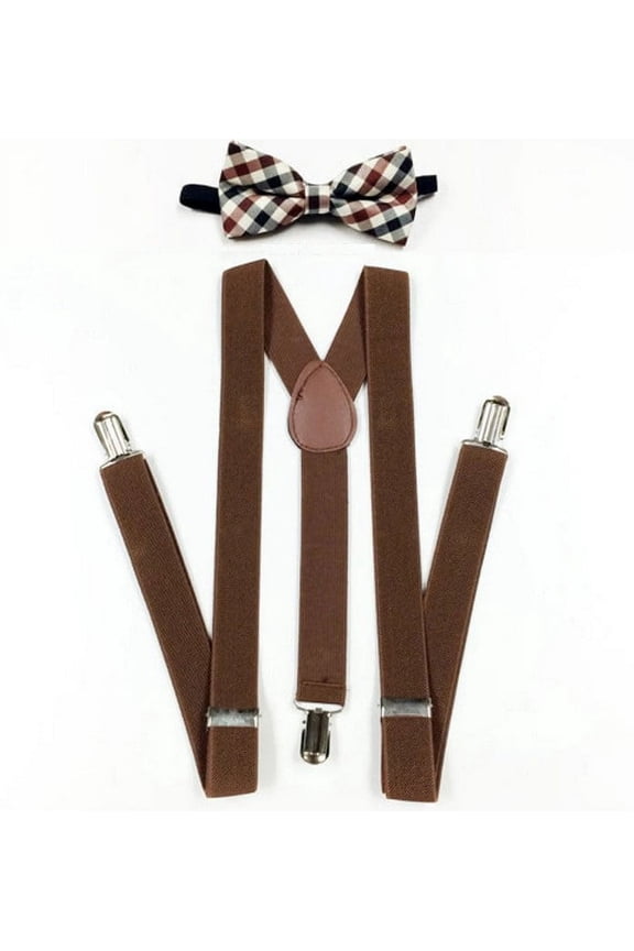 Brown Suspenders and Plaid Bowtie Set Mens Barnyard Wedding Matching Set Bow-tie Bow Tie Set