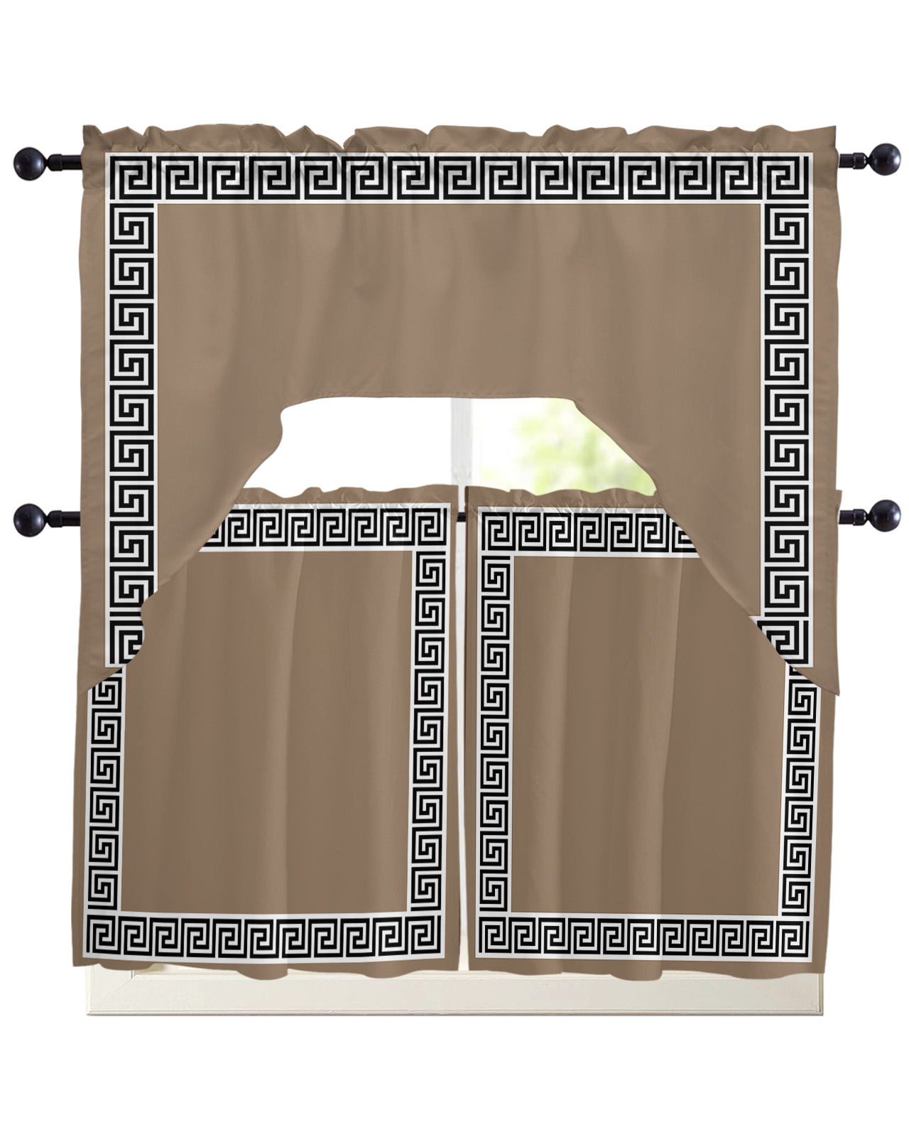 Chinese Pattern Valances Brown Swag Valance and Tier Curtains Set Greek Chinese Style Border ...