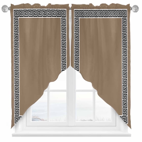 Brown Swag Valances for Windows 2 Pack Greek Chinese Style Border Geometric Swag Kitchen Curtains 36 Inches Long Rod Pocket Short Window Treatment for Kitchen Bathroom 28"x36"