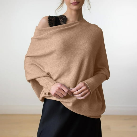 Brown Sweaters for Women Fall Sweaters for Women Asymmetric Draped Jumper Long Batwing Sleeve Off The Shoulder Sweater Slouchy Knit Pullover Womens Fall Fashion 2025