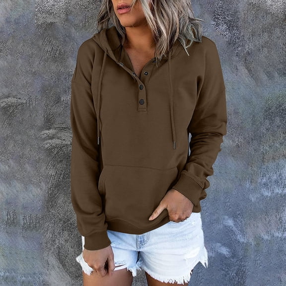 Brown Sweaters for Women Long Casual Down for Womens Pocket Hooded Sweatshirts Pullover Sleeve Button V Drawstring Hoodies Neck Women's Hoodies & Sweatshirts Womens Fall Fashion 2025