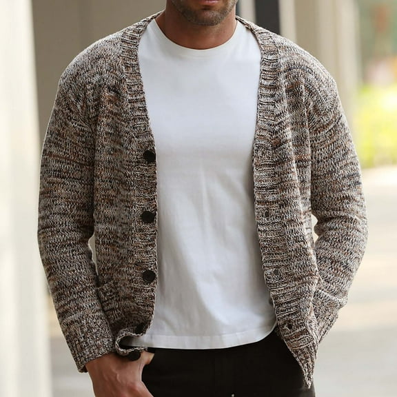 Brown Sweaters for Men Heavyweight Cardigan Brushed V-Neck Button Down Open Front Fall Winter Jackets