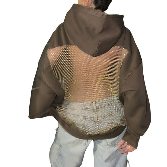 Brown Sweaters for Women Hoodie Hollow Mesh Back Women'S Sweatshirt Casual Long Sleeve Headband Pocket Womens Fall Fashion Must Haves