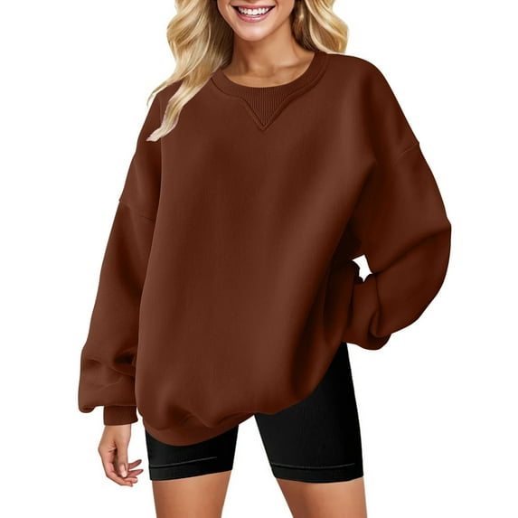 Brown Sweaters for Women'S Solid Color Round Neck Oversized Sweatshirt Loose Fit Long Sleeve Light Sweatshirt Loose Blouse Womens Fall Fashion 2025