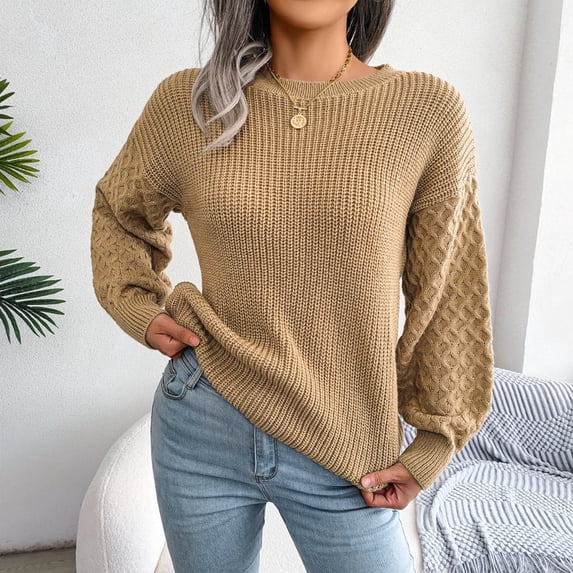Brown Sweaters for Women's Fall Long Sleeve Crew Neck Solid Color Cable Knit Chunky Casual Oversized Pullover Sweater Tops Womens Fall Fashion 2025