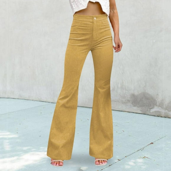 Brown Sweatpants Women Corduroy Flare Pants Elastic Waist Bell Bottom Trousers