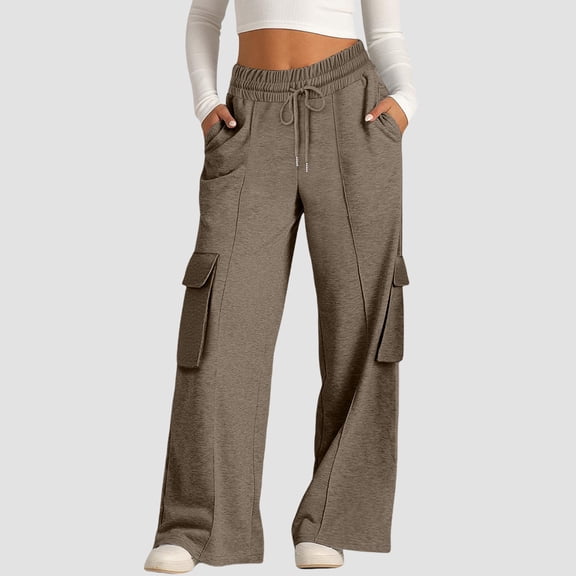 Brown Sweatpants Women's Fashion Solid Color Waist Wide Leg Casual Pants with Drawstring Pocket Pants Fashion Clothing