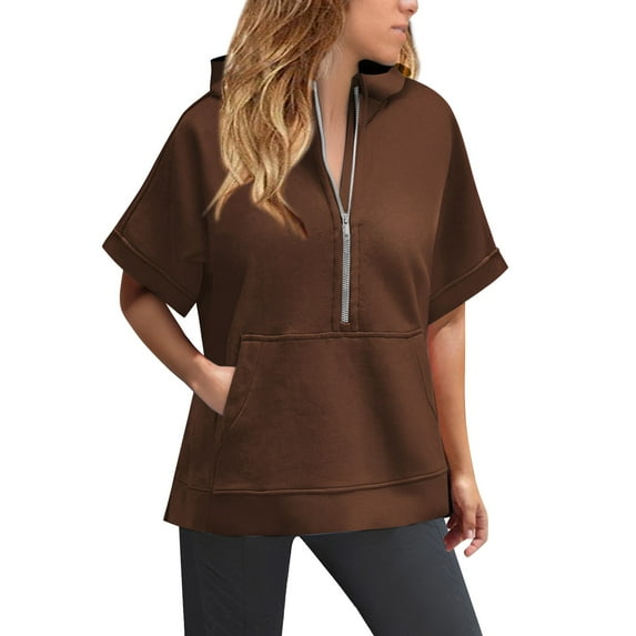 Brown Sweatshirt for Women Oversized Half Zip Hoodies Short Sleeve Casual Sweatshirts Pullover Tops with Pockets