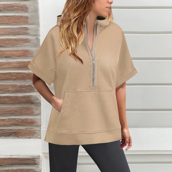 Brown Sweatshirt for Womens Oversized Half Zip Hoodies Short Sleeve Casual Sweatshirts Pullover Tops with Pockets Women Fall Clothes