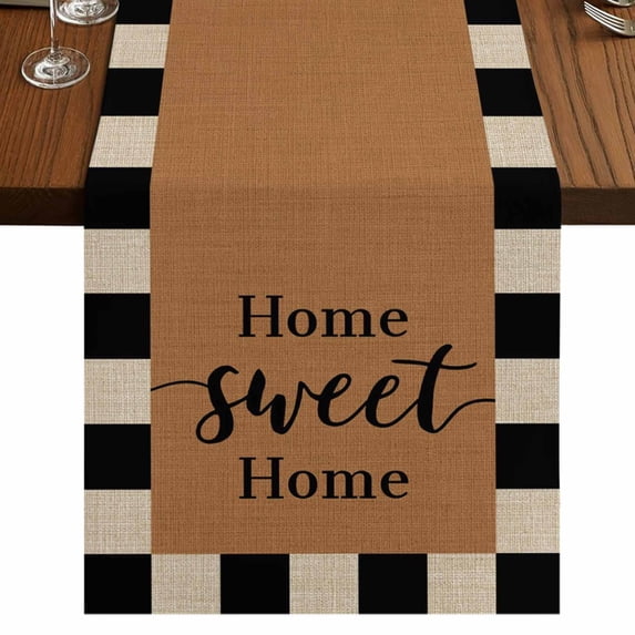 Brown Sweet Home Burlap Cotton Table Runner 13x90 Inches Long, Modern Art Black Beige Checkered Farmhouse Table Runners, Outdoor Dining Tablecloths Decor for Baby Shower/Party/Wedding