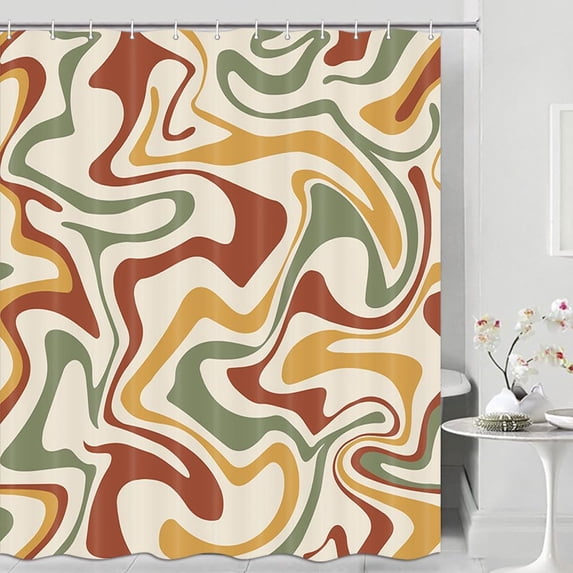 Brown Swirl Shower Curtain, Cute Aesthetic 70S Abstract Wave Swirl Bathroom Curtain Liner, Fun Pastel Vintage Brown Retro Boho Minimal Teen Girls Restroom Decor Accessories with Hooks,Retro Green