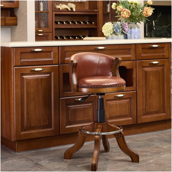 Brown Swivel Bar Stool with Back, Adjustable Height Kitchen Counter Chair, 360 Degree Rotating Solid Wood Stool with Upholstered Cowhide Seat